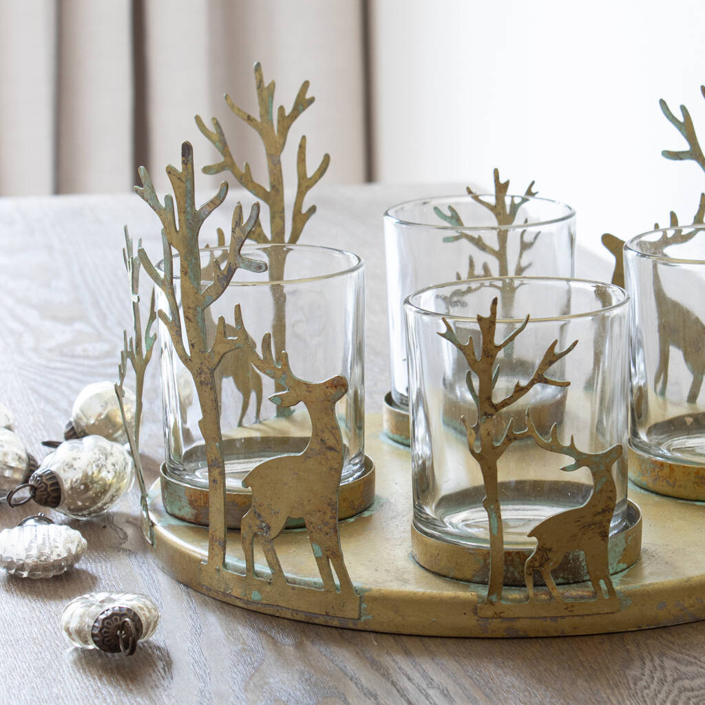 Winter Woodland Gold Tea Light Holder Centrepiece By Marquis & Dawe
