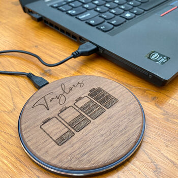 Custom Engraved Walnut Wireless Phone Charger Personalised Fast Charging Dock, 3 of 7