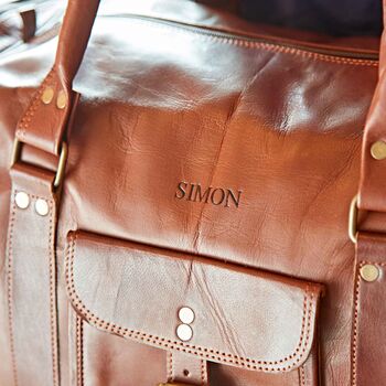 Personalised Brown Leather Holdall With Zipped Pockets, 7 of 12