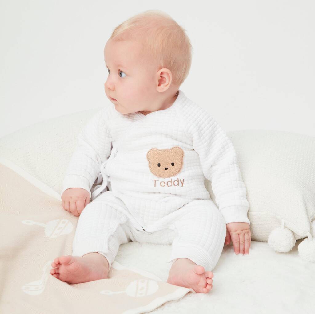 Personalised White Quilted Teddy Bear Boucle Romper By Babbico