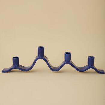 Handmade Blue Wavy Ceramic Candelabra For Four Candles, 2 of 9