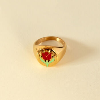 Chunky Signet Ring With Everlasting Red Tulip Flower, 3 of 5