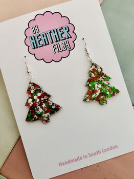 White, Red And Green Glitter Christmas Tree Resin Earrings / Traditional Christmas Gift / Secret Santa Gift, 4 of 9