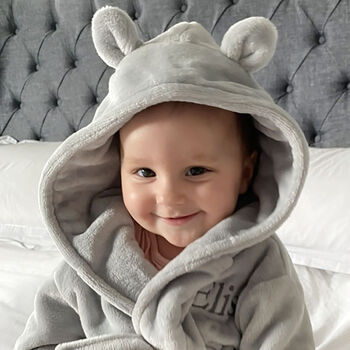 Personalised Soft Baby Grey Dressing Gown With Ears, 3 of 9