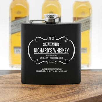 Personalised Vintage Whiskey Matte Black Hip Flask, 4 of 9