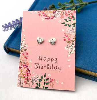 Birth Flower Initial Heart Silver Birthday Earrings, 3 of 12