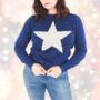 Christmas Jumper Women's Navy Blue With Silver Star Detail, thumbnail 2 of 4