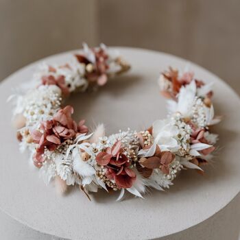 Coral Bridal Dried Flower Crown Wedding Headband, 2 of 3