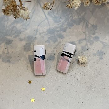 Baby Pink Ceramic Bar Stud Earrings Abstract Splatter Minimalist Studs, 2 of 7