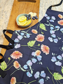 Blue Purple Sweet Pea And Dahlia Kitchen Apron, 6 of 7