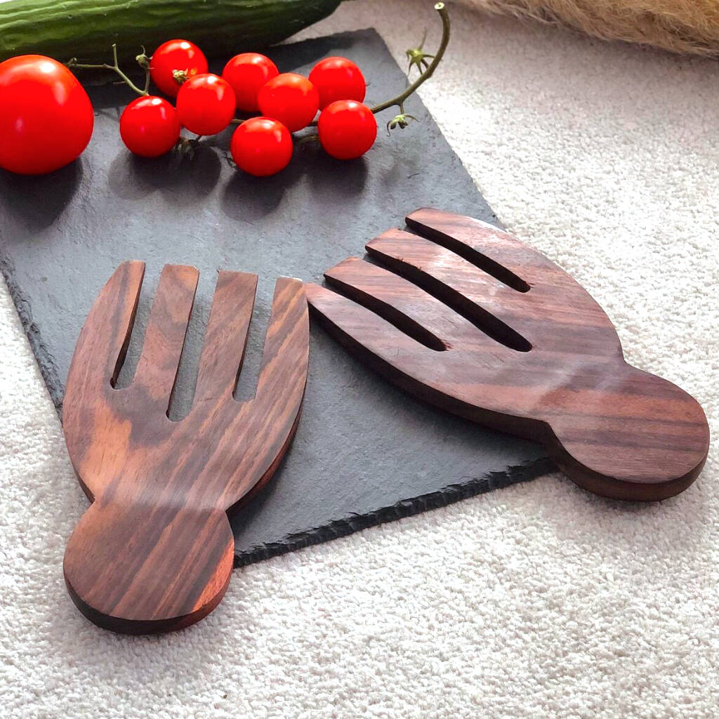 Hand Shaped Wooden Salad Server Spoons And Salad Tongs, 1 of 7