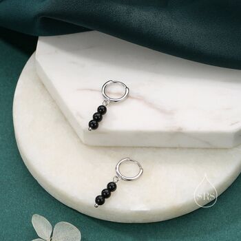 Sterling Silver Genuine Black Onyx Stone Trio Huggie Hoop Earrings, 3 of 10