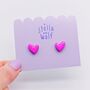 Neon Pink Wonky Wooden Heart Stud Earrings, thumbnail 4 of 6