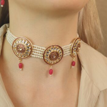 Red Round Kundan Ethnic Pearl Bridal Choker Set, 7 of 11