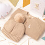Luxury Storm Blue Bobble Hat And Cardigan Baby Gift Set, thumbnail 4 of 12
