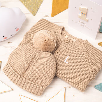 Luxury Storm Blue Bobble Hat And Cardigan Baby Gift Set, 4 of 12