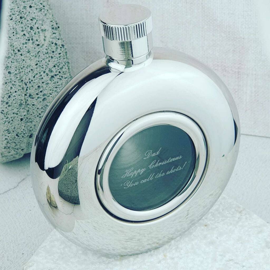 Engraved Glass Personalised Round Window Hip Flask, 1 of 7