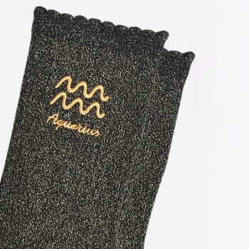 Women's Glitter Socks Black Gold Zodiac Aquarius, 3 of 5