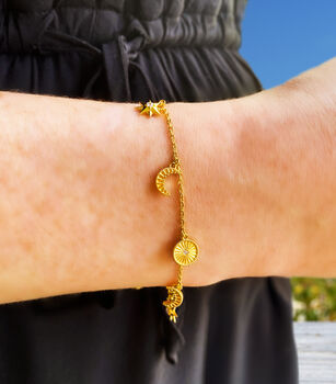 Gold Plated Engraved Moon, Star And Sun Charm Bracelet, 2 of 8