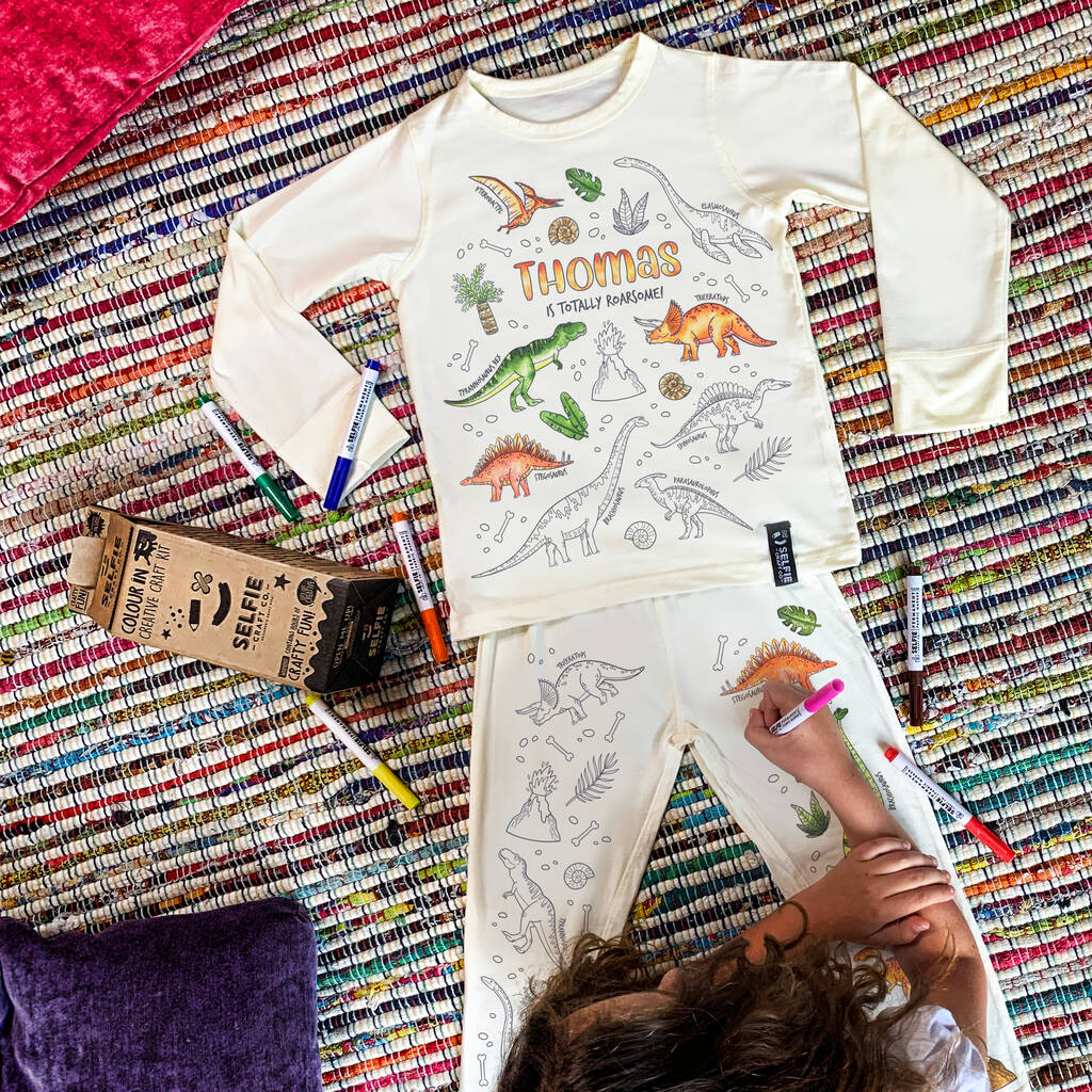 Personalised Dinosaur Colour In Pyjamas With Pens, 1 of 10