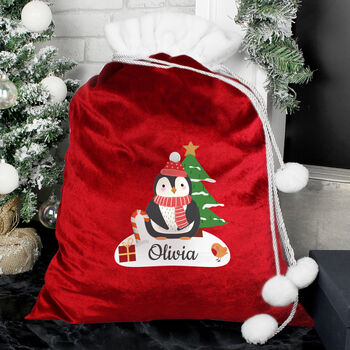 Personalised Christmas Penguin Luxury Pom Pom Red, 2 of 3