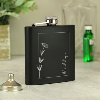 Personalised Monochrome Floral Name Black Hip Flask, 6 of 7