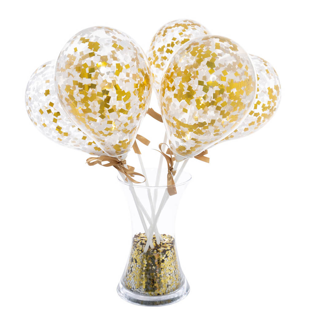 Set Of Six White And Gold Party Confetti Balloon Wands By Bubblegum