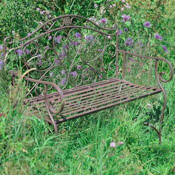 Vintage Brown Scrolled Iron Garden Bench, 3 of 5