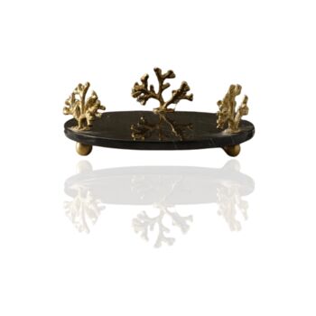 Handmade Round Black Glass Tray With Gold Coral Accents, 2 of 2