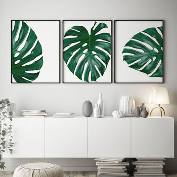 Set Of Three Black And White Monstera Leaves Prints, 3 of 8