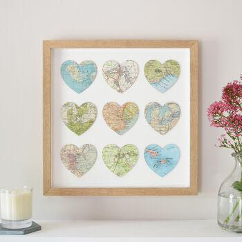 Wedding Anniversary Nine Map Hearts Wall Art Gift, 3 of 12