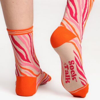 Women's Bamboo Socks Orange Pink Zebra Print, 3 of 6