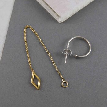 Diamond Geometric Gold Stud Hoop Chain Earrings, 3 of 4