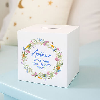 Personalised Colourful Floral Blue Wooden Money Box, 2 of 3