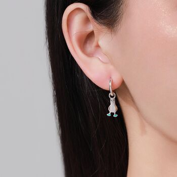 Sterling Silver Blue Footed Boobie Huggie Hoop Earrings, 2 of 11