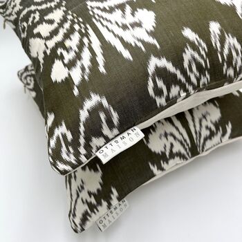 Square Ikat Silk Cushion Olive Green Abstract, 5 of 8