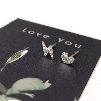 Well Done Exam Graduation Sterling Silver Heart And Lightning Bolt Mismatched Earrings, 3 of 12