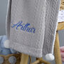 Personalised Grey Knitted Blanket With Pom Pom, thumbnail 2 of 8