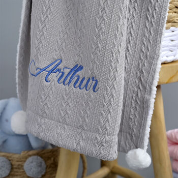 Personalised Grey Knitted Blanket With Pom Pom, 2 of 8
