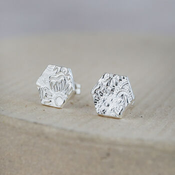 Sterling Silver Textured Hexagon Stud, 2 of 8