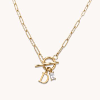 Gold Initial And Birthstone Paperclip T Bar Necklace, 2 of 6