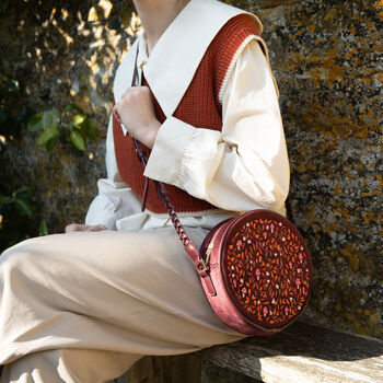 Magical Mushroom Embroidered Burgundy Velvet Circle Bag, 4 of 9