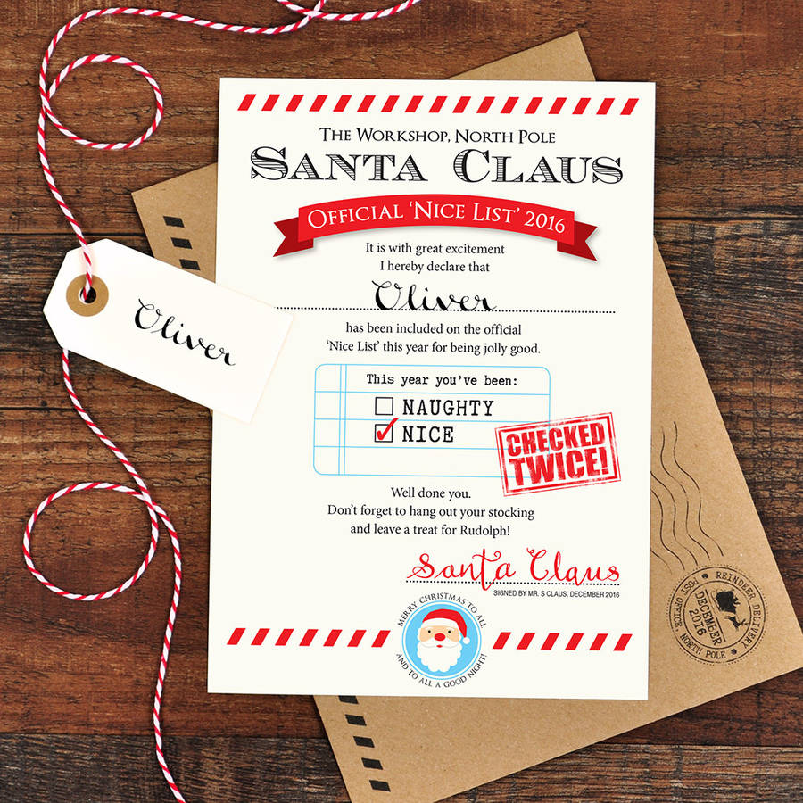 Personalised letter from santa 'nice list' by eskimo kiss 