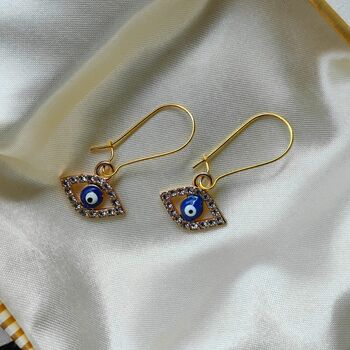 Long Silver Evil Eye Huggie Zircon Devil Eye Charm Earrings, 7 of 8