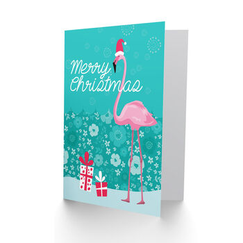 Santa Hat Flamingo Bird Xmas Presents Christmas Card, 2 of 4