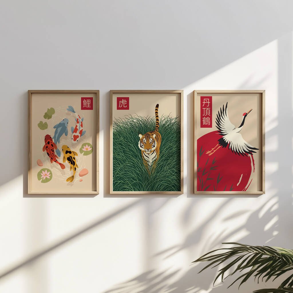 Japanese Wall Art Set Of Three Prints | Tiger, Koi Fish And Crane, 1 of 8