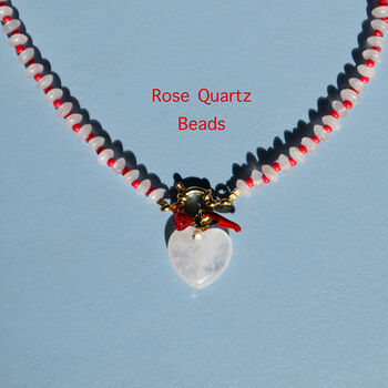 Rose Quartz Gemstone Gingham Necklace With Heart And Fruit Charms, 2 of 8
