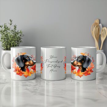 Personalised Dog Mug Black And Tan Dachshund In An Autumn Wreath, 2 of 2