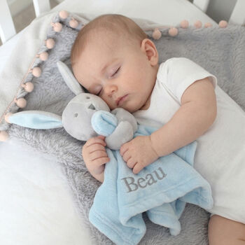 Personalised Grey Bobble Blanket And Blue Bunny Comforter Set, 7 of 10