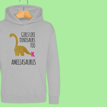 'Girls Like Dinosaurs Too' Girls Hoodie, 3 of 12